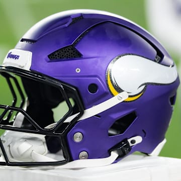 Detailed view of a Minnesota Vikings helmet during an NFC wild card game at State Farm Stadium.