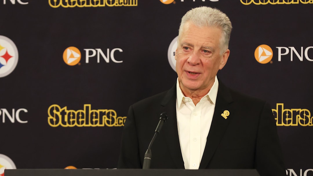 Jan 14, 2026; Pittsburgh, PA, USA;  Pittsburgh Steelers president Art Rooney II speaks at a press conference at Acrisure Stadium. Mandatory Credit: Charles LeClaire-Imagn Images