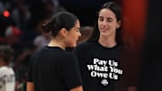 Jul 19, 2025; Indianapolis, IN, USA; Team Clark guard Caitlin Clark (22) and Team Collier guard Kelsey Plum (10) before the 2025 WNBA All Star Game at Gainbridge Fieldhouse. Mandatory Credit: Trevor Ruszkowski-Imagn Images
