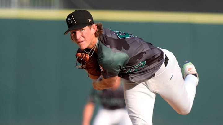 July 12, 2025; North Augusta, South Carolina, USA; GreenJacket pitcher Cam Caminiti (59) pitches during the 19th annual Military Appreciation game at SRP Park. The Augusta GreenJackets faced off against the Salem Red Sox. Salem won 9-2. Mandatory Credit: Katie Goodale - Augusta Chronicle/USA TODAY NETWORK
