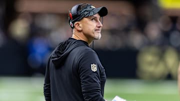 Oct 17, 2024; New Orleans, Louisiana, USA;  New Orleans Saints head coach Dennis Allen reacts to a play call against the Denver Broncos during the first half at Caesars Superdome. 