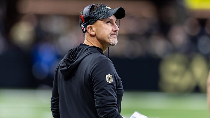 Oct 17, 2024; New Orleans, Louisiana, USA;  New Orleans Saints head coach Dennis Allen reacts to a play call against the Denver Broncos during the first half at Caesars Superdome. Mandatory Credit: Stephen Lew-Imagn Images