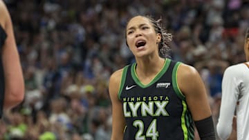 Sep 21, 2025; Minneapolis, Minnesota, USA; Minnesota Lynx forward Napheesa Collier (24) celebrates after defeating the Phoenix Mercury during game one of the second round for the 2025 WNBA Playoffs at Target Center. Mandatory Credit: Jesse Johnson-Imagn Images