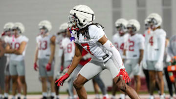 Ohio State Buckeyes cornerback Jermaine Mathews (7) lines up during spring football practice at the Woody Hayes Athletic Center in Columbus on March 19, 2025.
