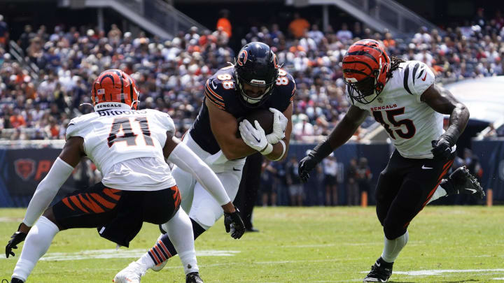 Aug 17, 2024; Chicago, Illinois, USA; Chicago Bears tight end Stephen Carlson (88) catches a pass as Cincinnati Bengals linebacker Maema Njongmeta (45) defends him during the second half at Soldier Field. Mandatory Credit: David Banks-USA TODAY Sports