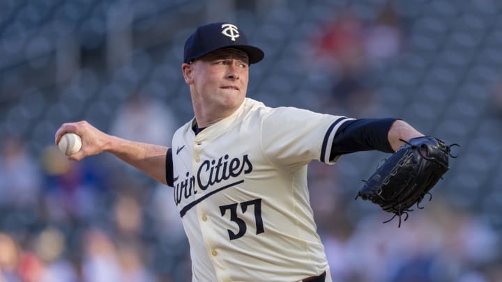 Minnesota Twins starting pitcher Louie Varland (37) delivers a pitch against the Colorado Rockies in the second inning at Target Field in Minneapolis on June 11, 2024.