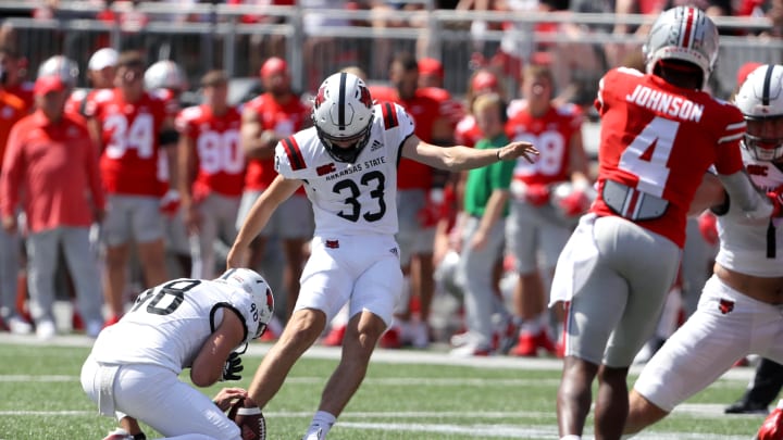 Sep 10, 2022; Columbus, Ohio, USA;  Arkansas State Red Wolves place kicker Dominic Zvada (33) makes his third field goal of the first half during the second quarter against the Ohio State Buckeyes at Ohio Stadium. Mandatory Credit: Joseph Maiorana-USA TODAY Sports