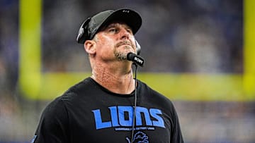 Detroit Lions head coach Dan Campbell watches a replay against Houston Texans during the first half at Ford Field in Detroit on Saturday, August 23, 2025.
