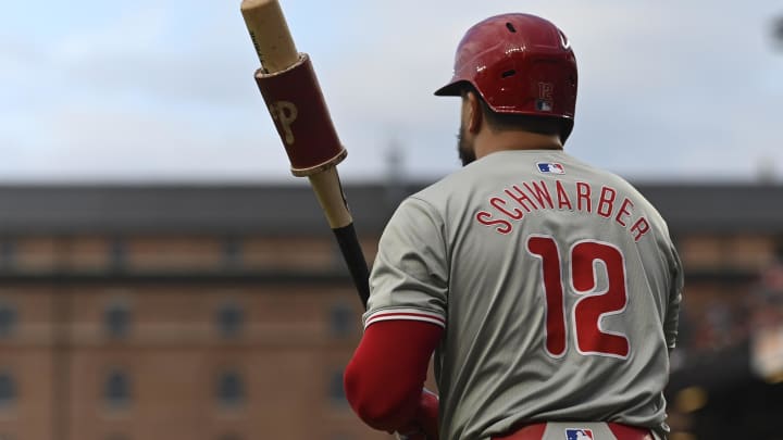 Jun 14, 2024; Baltimore, Maryland, USA; Philadelphia Phillies designated hitter Kyle Schwarber (12) stands on the field before a first inning at-bat against the Baltimore Orioles  at Oriole Park at Camden Yards. Mandatory Credit: Tommy Gilligan-USA TODAY Sports