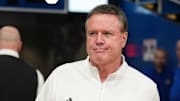 Nov 16, 2024; Lawrence, Kansas, USA; Kansas Jayhawks head coach Bill Self enters the court prior to a game against the Oakland Golden Grizzlies at Allen Fieldhouse. Mandatory Credit: Denny Medley-Imagn Images
