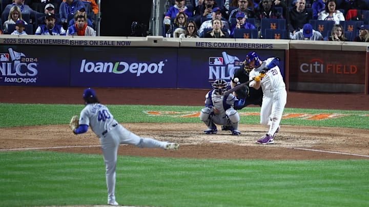 Oct 18, 2024; New York City, New York, USA; New York Mets first baseman Pete Alonso (20) hits a single during the eighth inning against the Los Angeles Dodgers during game five of the NLCS for the 2024 MLB playoffs at Citi Field. Mandatory Credit: Wendell Cruz-Imagn Images BREAKING: Red Sox Loosely Linked To Projected $174 Million 4-Time All-Star - 24/7 News America