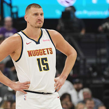 Denver Nuggets center Nikola Jokic looks on during a free throw in the first quarter of the game against the Sacramento Kings.