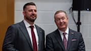 Florida State University’s new men’s basketball coach Luke Loucks stands with FSU Athletic Director Michael Alford before a press conference Monday, March 10, 2025.