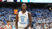 Nov 7, 2025; Chapel Hill, North Carolina, USA;  North Carolina Tar Heels forward Caleb Wilson (8) reacts in the second half at Dean E. Smith Center. 