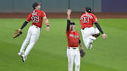 Sep 23, 2025; Cleveland, Ohio, USA; The Cleveland Guardians celebrate a win over the Detroit Tigers at Progressive Field. Mandatory Credit: David Richard-Imagn Images