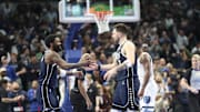 Dec 3, 2024; Dallas, Texas, USA;  Dallas Mavericks guard Kyrie Irving (11) celebrates with Dallas Mavericks guard Luka Doncic (77) during the fourth quarter against the Memphis Grizzlies at American Airlines Center. Mandatory Credit: Kevin Jairaj-Imagn Images