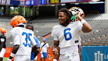 Florida Gators wide receiver Dallas Wilson (6) looks on without a helmet during fall football practice at Ben Hill Griffin Stadium at the University of Florida in Gainesville, FL on Saturday, August 2, 2025. [Matt Pendleton/Gainesville Sun]