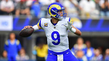 Sep 22, 2024; Inglewood, California, USA; Los Angeles Rams quarterback Matthew Stafford (9) throws against the San Francisco 49ers during the first half at SoFi Stadium. Mandatory Credit: Gary A. Vasquez-Imagn Images