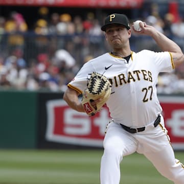 Pittsburgh Pirates starting pitcher Marco Gonzales (27) delivers a pitch against the Philadelphia Phillies during the first inning at PNC Park in 2024.