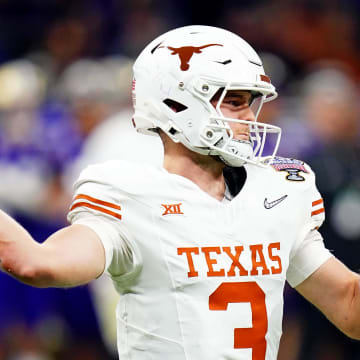 Jan 1, 2024; New Orleans, LA, USA; Texas Longhorns quarterback Quinn Ewers (3) throws a pass during the fourth quarter against the Washington Huskies in the 2024 Sugar Bowl college football playoff semifinal game at Caesars Superdome. Mandatory Credit: John David Mercer-USA TODAY Sports