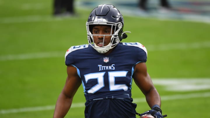 Dec 20, 2020; Nashville, Tennessee, USA; Tennessee Titans cornerback Adoree' Jackson (25) warms up before the game against the Detroit Lions at Nissan Stadium. Mandatory Credit: Christopher Hanewinckel-USA TODAY Sports