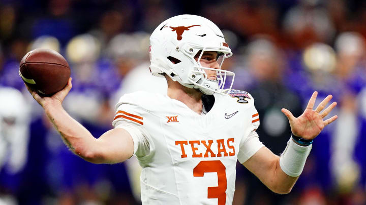 Jan 1, 2024; New Orleans, LA, USA; Texas Longhorns quarterback Quinn Ewers (3) throws a pass during the fourth quarter against the Washington Huskies in the 2024 Sugar Bowl college football playoff semifinal game at Caesars Superdome. Mandatory Credit: John David Mercer-USA TODAY Sports