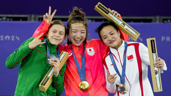 Aug 9, 2024: Nicka (Lithuania), Ami (Japan) and 671 (China) in the medal ceremony for breaking during the Paris 2024 Olympic Summer Games at La Concorde.