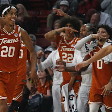 Mar 4, 2025; Starkville, Mississippi, USA; Texas Longhorns guard Tre Johnson (20) reacts after basket during the second half against the Mississippi State Bulldogs at Humphrey Coliseum. Mandatory Credit: Petre Thomas-Imagn Images