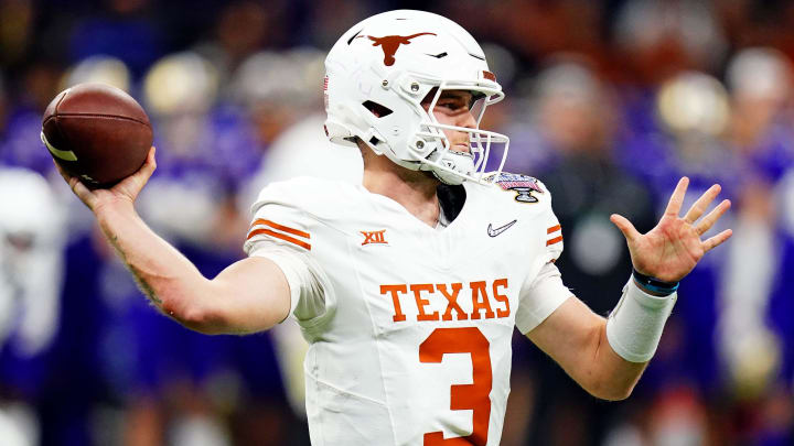 Jan 1, 2024; New Orleans, LA, USA; Texas Longhorns quarterback Quinn Ewers (3) throws a pass during the fourth quarter against the Washington Huskies in the 2024 Sugar Bowl college football playoff semifinal game at Caesars Superdome. Mandatory Credit: John David Mercer-USA TODAY Sports