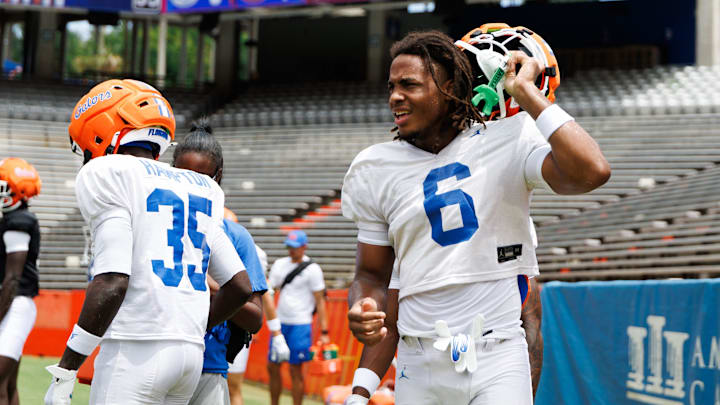 Florida Gators wide receiver Dallas Wilson (6) looks on without a helmet during fall football practice at Ben Hill Griffin Stadium at the University of Florida in Gainesville, FL on Saturday, August 2, 2025. [Matt Pendleton/Gainesville Sun]