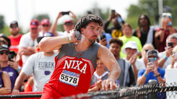 Nixa junior Jackson Cantwell throws a shot put as he competes in Saturday's MSHSAA state championship