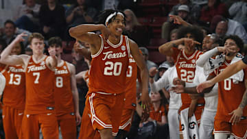 Mar 4, 2025; Starkville, Mississippi, USA; Texas Longhorns guard Tre Johnson (20) reacts after basket during the second half against the Mississippi State Bulldogs at Humphrey Coliseum. Mandatory Credit: Petre Thomas-Imagn Images