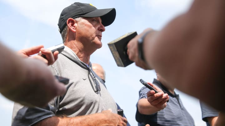 Iowa Football’s Defensive Coordinator Phil Parker answers media questions Tuesday, Aug. 20, 2024 in Iowa City, Iowa.