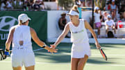 Professional player Jillian Braverman celebrates a point with Susannah Barr while playing in womens doubles during the Pro Pickleball Association Masters tournament at the La Quinta Resort and Club, Saturday, Nov. 13, 2021, in La Quinta, Calif.