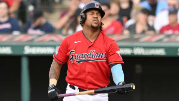 Jul 22, 2023; Cleveland, Ohio, USA; Cleveland Guardians third baseman Jose Ramirez (11) reacts after striking out during the first inning against the Philadelphia Phillies at Progressive Field. Mandatory Credit: Ken Blaze-USA TODAY Sports