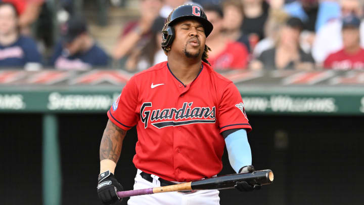 Jul 22, 2023; Cleveland, Ohio, USA; Cleveland Guardians third baseman Jose Ramirez (11) reacts after striking out during the first inning against the Philadelphia Phillies at Progressive Field. Mandatory Credit: Ken Blaze-USA TODAY Sports