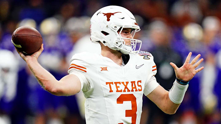 Texas Longhorns quarterback Quinn Ewers in the road white uniforms last season during the Sugar Bowl.