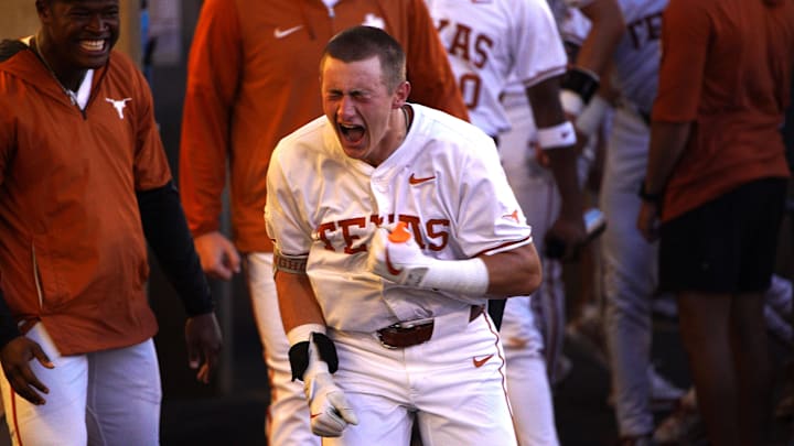 Texas Longhorns infielder Jared Thomas (9) celebrates a home run against the Texas A&M Aggies during the second round in the NCAA baseball College Station Regional at Olsen Field College Station. 