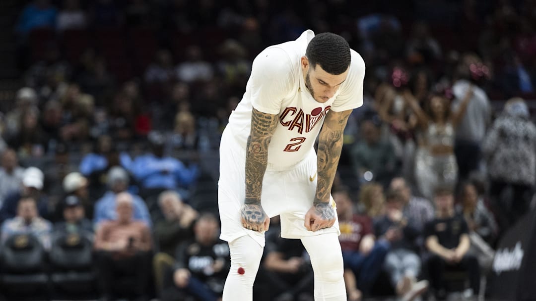 Dec 19, 2025; Cleveland, Ohio, USA; Cleveland Cavaliers guard Lonzo Ball (2) stands back during free throws by the Chicago Bulls during the fourth quarter at Rocket Arena. Mandatory Credit: Scott Galvin-Imagn Images