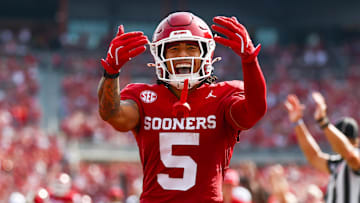 Oklahoma Sooners wide receiver Isaiah Sategna III celebrates a touchdown against Auburn in a play that should have been an unsportsmanlike penalty. 