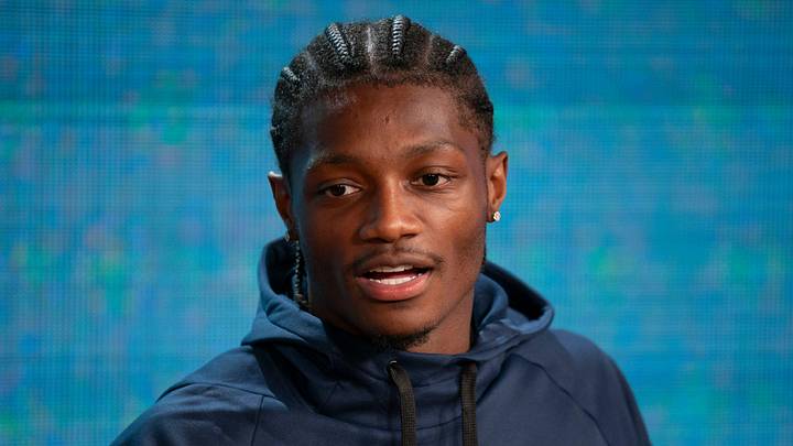Tennessee Titans first round pick in the 2026 NFL Draft (and 4th overall) wide receiver Carnell Tate (14) speaks to the media after the Titans Rookie Camp Day 1 at Vanderbilt Health Football Center in Nashville, Tenn., Friday, May 1, 2026.