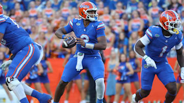 Nov 16, 2024; Gainesville, Florida, USA; Florida Gators quarterback DJ Lagway (2) drops back against the LSU Tigers during the first half at Ben Hill Griffin Stadium. Mandatory Credit: Kim Klement Neitzel-Imagn Images