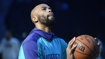 Apr 8, 2025; Charlotte, North Carolina, USA;  Charlotte Hornets center center Taj Gibson (67) warms up before the game against the Memphis Grizzlies at the Spectrum Center. Mandatory Credit: Sam Sharpe-Imagn Images