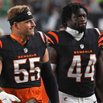 Cincinnati Bengals linebackers Logan Wilson and Demetrius Knight Jr. walk off the field against the Philadelphia Eagles