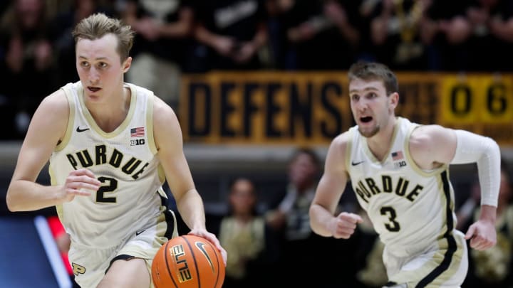 Purdue Boilermakers guards Fletcher Loyer (2) and guard Braden Smith (3)