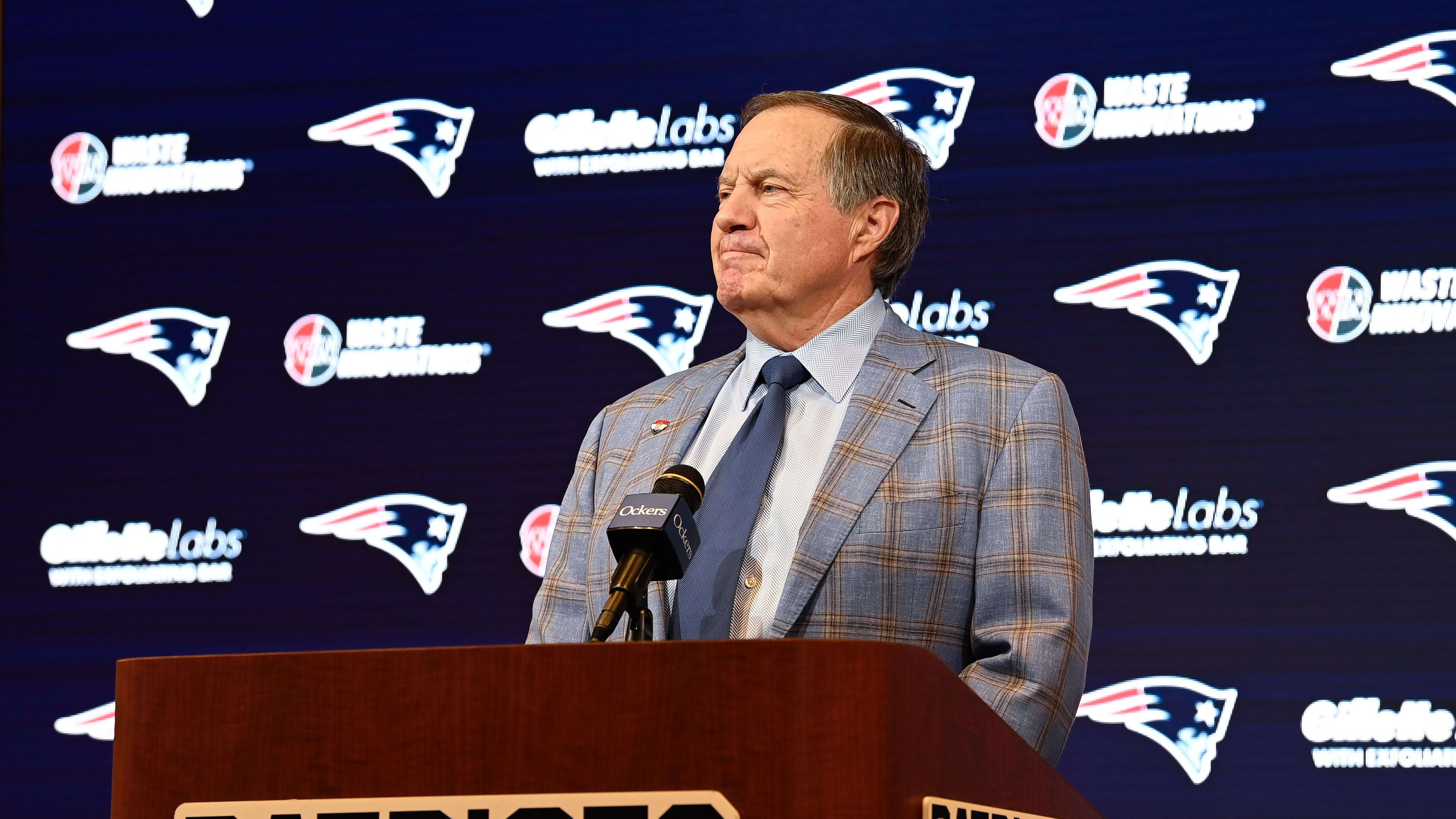 Jan 11, 2024; Foxborough, MA, USA; New England Patriots former head coach Bill Belichick holds a