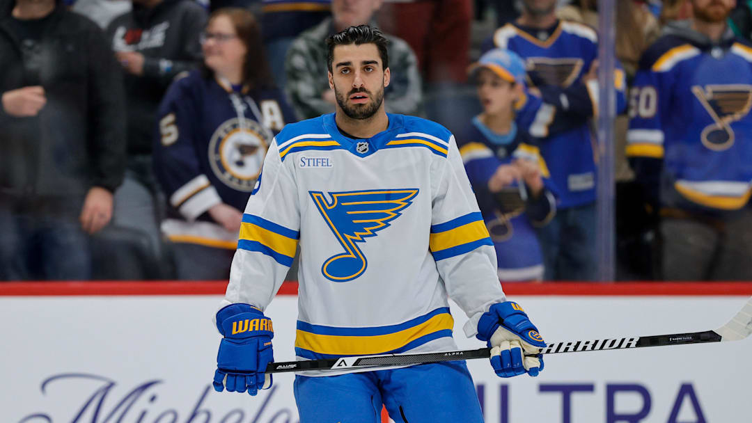 Dec 31, 2025; Denver, Colorado, USA; St. Louis Blues center Robby Fabbri (9) before the game against the Colorado Avalanche at Ball Arena. Mandatory Credit: Isaiah J. Downing-Imagn Images