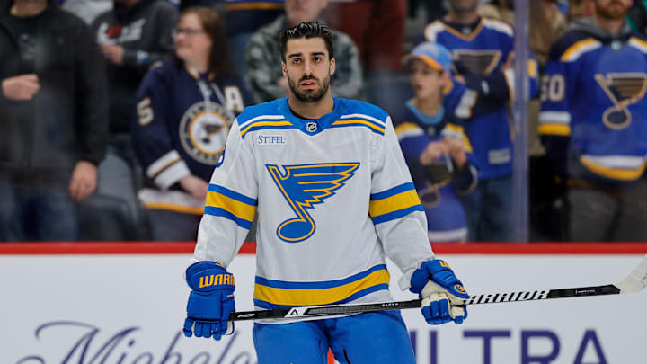 Dec 31, 2025; Denver, Colorado, USA; St. Louis Blues center Robby Fabbri (9) before the game against the Colorado Avalanche at Ball Arena. Mandatory Credit: Isaiah J. Downing-Imagn Images