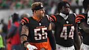Aug 7, 2025; Philadelphia, Pennsylvania, USA; Cincinnati Bengals linebacker Logan Wilson (55) and linebacker Demetrius Knight Jr. (44) walk off the field at halftime against the Philadelphia Eagles at Lincoln Financial Field. Mandatory Credit: Eric Hartline-Imagn Images