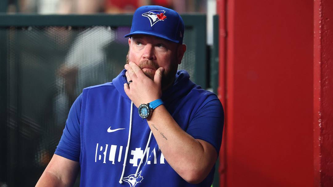 Apr 19, 2026; Phoenix, Arizona, USA; Toronto Blue Jays manager John Schneider against the Arizona Diamondbacks at Chase Field. Mandatory Credit: Mark J. Rebilas-Imagn Images